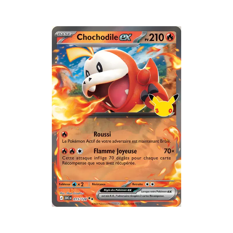 Carte Pokémon Chochodile ex 015/128 Double Rare 30ᵉ Anniversaire