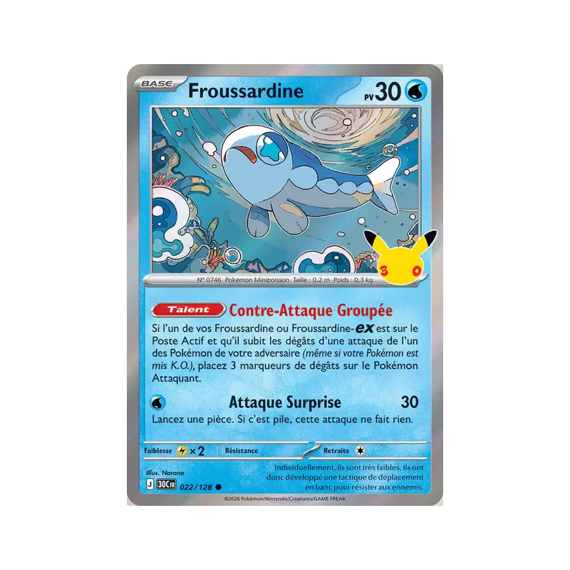 Carte Pokémon Froussardine 022/128 Commune 30ᵉ Anniversaire