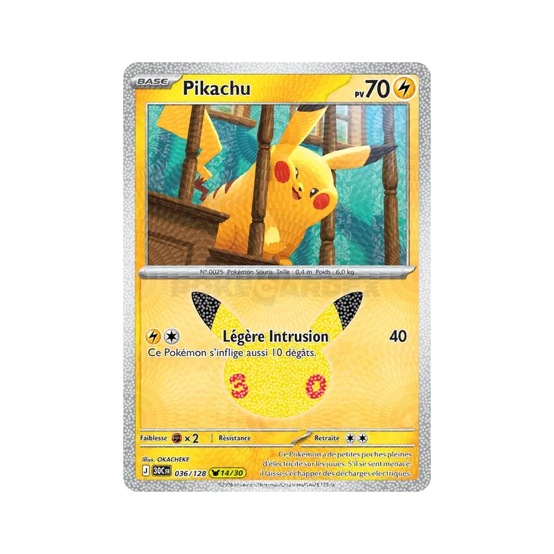 Carte Pokémon Pikachu 036/128 Sans rareté 30ᵉ Anniversaire