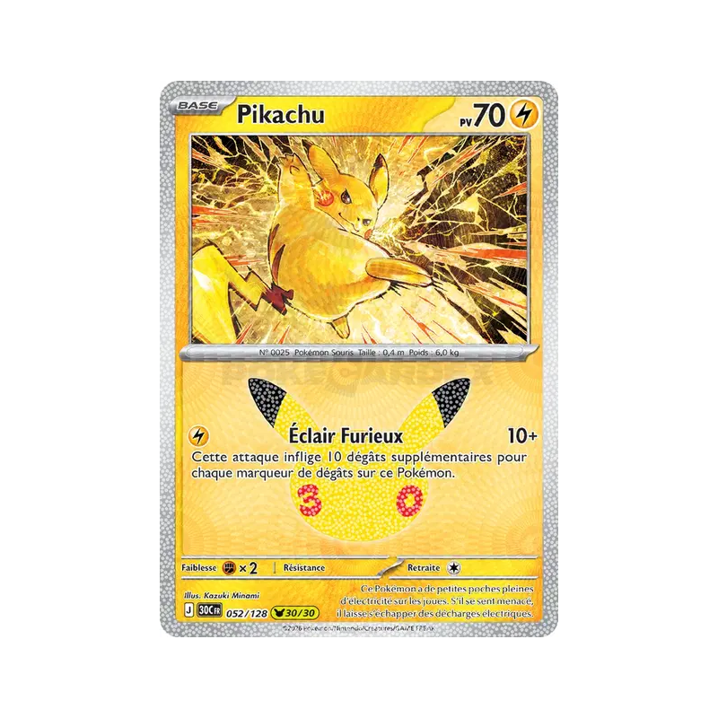 Carte Pokémon Pikachu 052/128 Sans rareté 30ᵉ Anniversaire