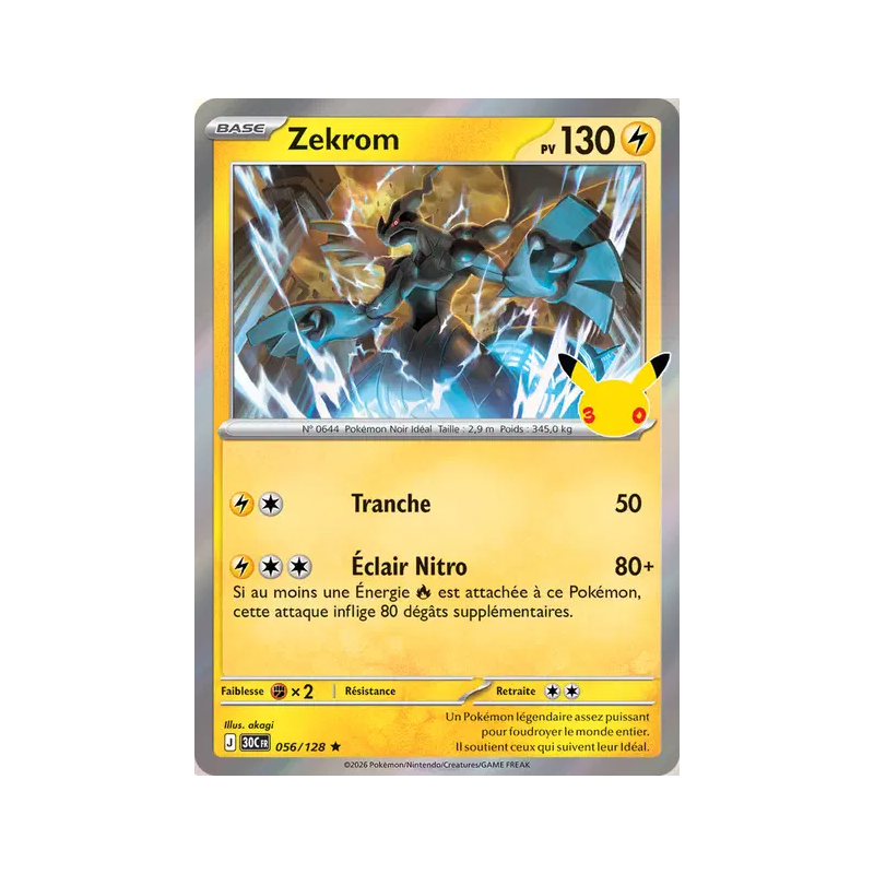 Carte Pokémon Zekrom 056/128 Rare 30ᵉ Anniversaire