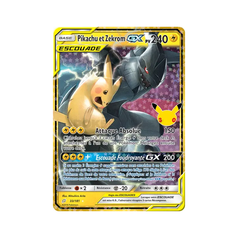 Carte Pokémon Pikachu et Zekrom-GX 33/181 Secrète 30ᵉ Anniversaire