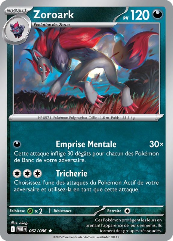 Carte Pokémon Zoroark 062/086 Holographique Flamme Blanche