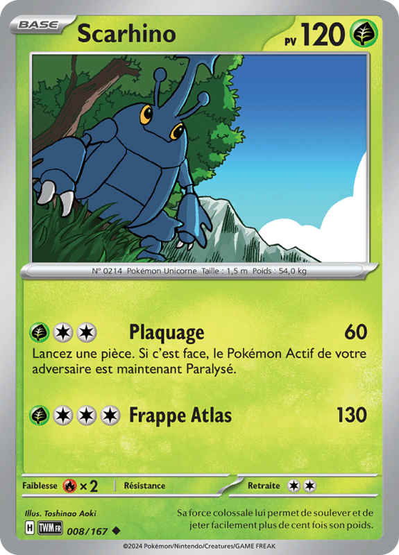 Carte Pokémon Scarhino 008/167 Peu commune Mascarade Crépusculaire