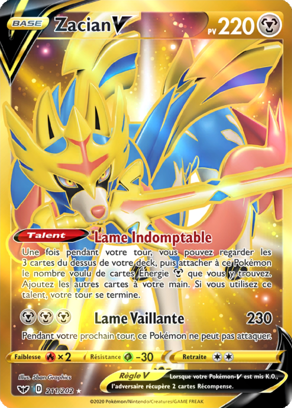 Carte Pokémon Zacian-V 211/202 Gold Épée et Bouclier (JCC)