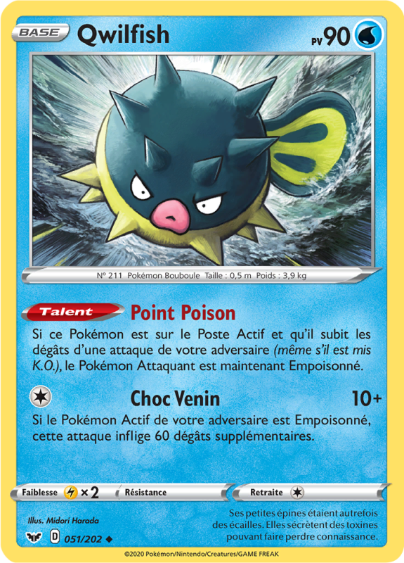 Carte Pokémon Qwilfish 051/202 Peu commune Épée et Bouclier (JCC)