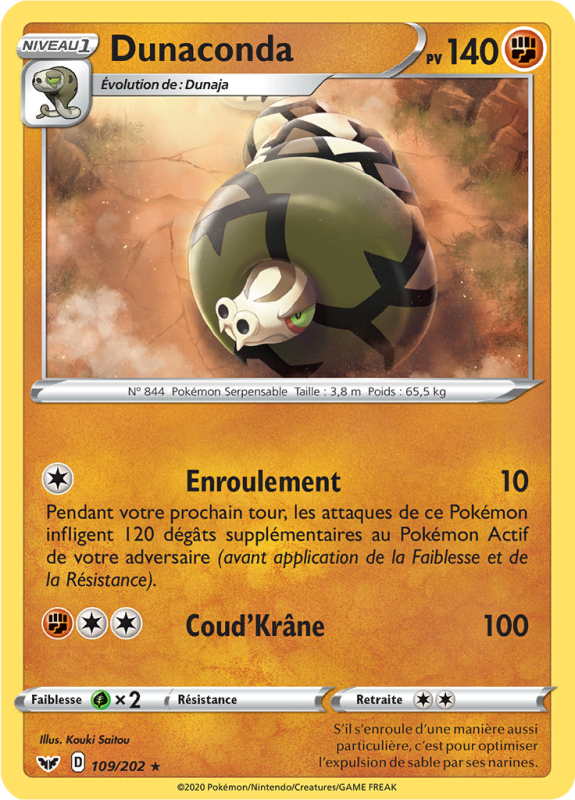 Carte Pokémon Dunaconda 109/202 Rare Épée et Bouclier (JCC)