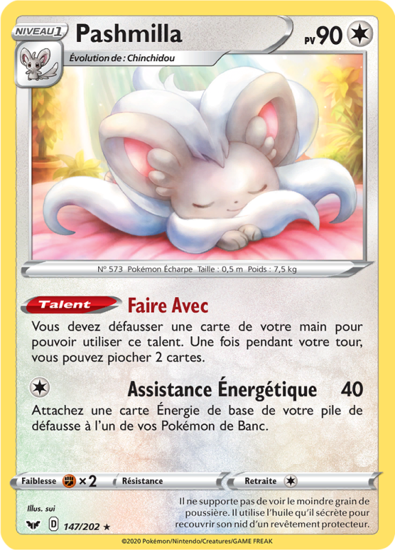 Carte Pokémon Pashmilla 147/202 Rare Épée et Bouclier (JCC)