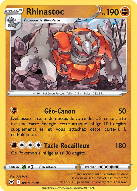 Carte Pokémon Rhinastoc 091/196 Rare Origine Perdue