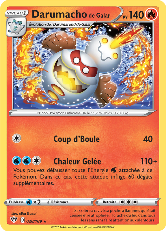 Carte Pokémon Darumacho de Galar 028/189 Rare Ténèbres Embrasées