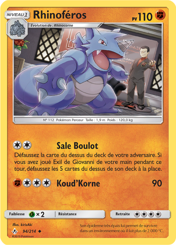 Carte Pokémon Rhinoféros 94/214 Peu commune Alliance Infaillible