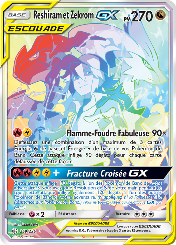 Carte Pokémon Reshiram et Zekrom-GX 259/236 Rainbow Éclipse Cosmique