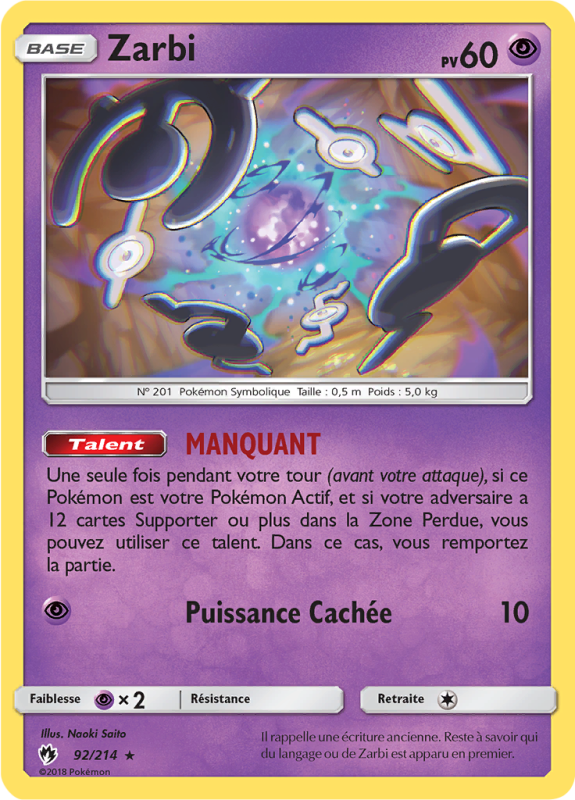 Carte Pokémon Zarbi 92/214 Rare Tonnerre Perdu