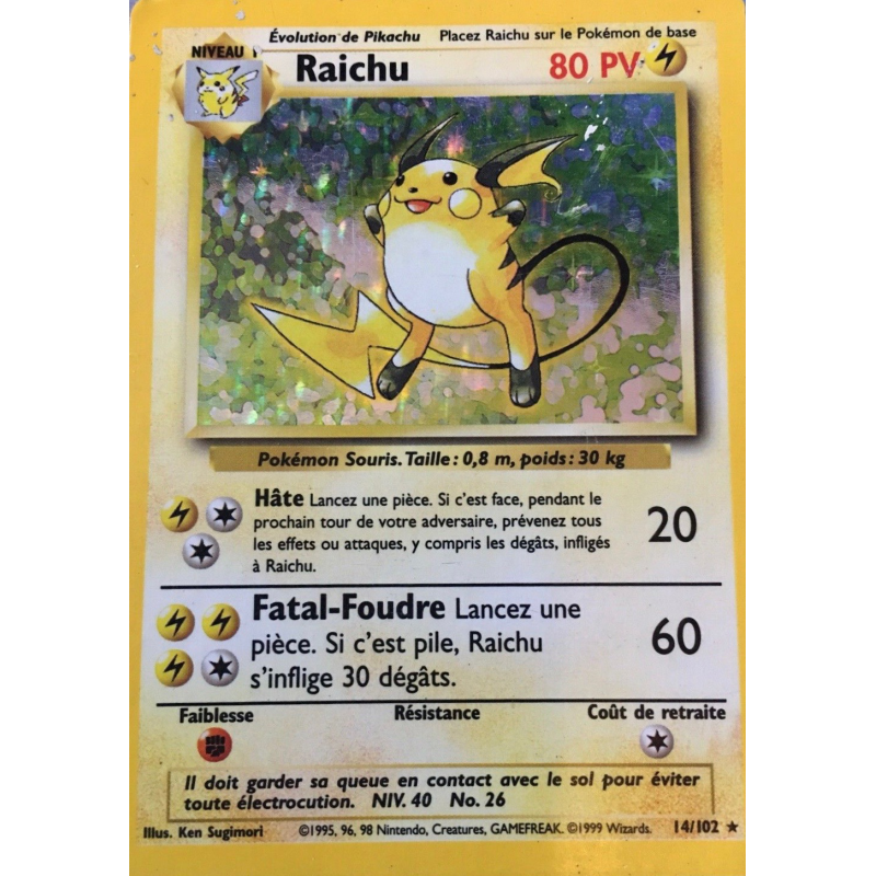 Carte Pokémon Raichu 14/102 Holographique Set de Base